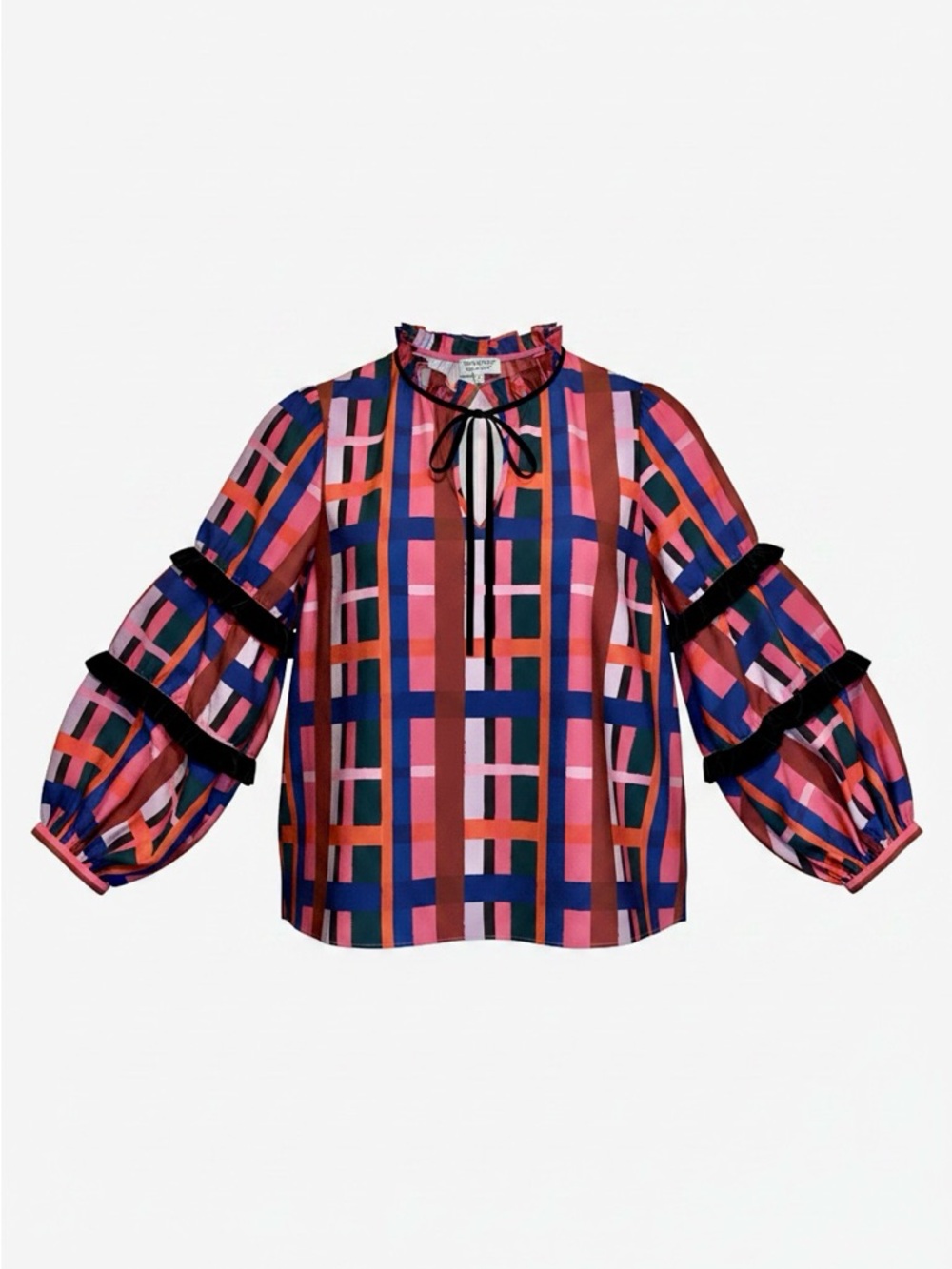 CROSBY by Mollie Burch Pink Multi Plaid Puff-Sleeve Blouse w/velvet ruffles